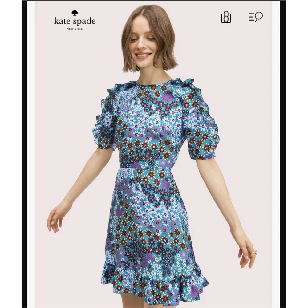 NEVER WORN Kate Spade Pacific Petals Floral Dress SZ 0 Jacquard Silk Blue Ruffle - Picture 2 of 6